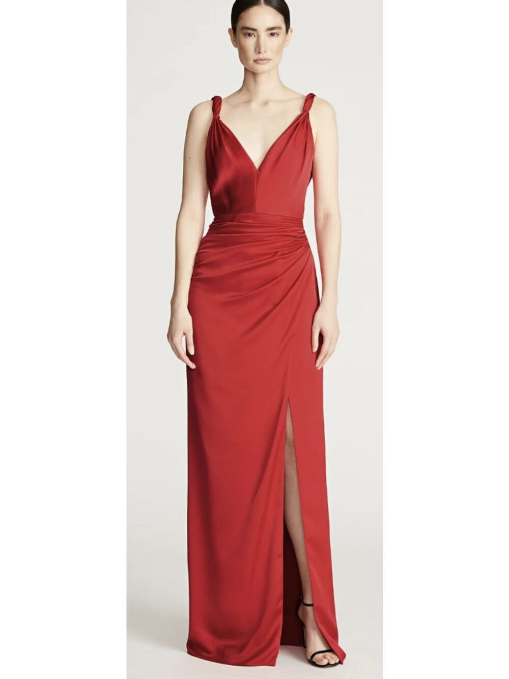 Halston Red Sleeveless Knot-Strap Satin Gown Size 14 New - Picture 1 of 12
